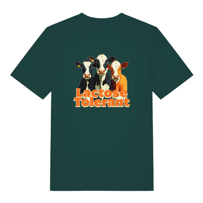 green funny animal t-shirt with the graphic of three cows and the slogan 'lactose tolerant'