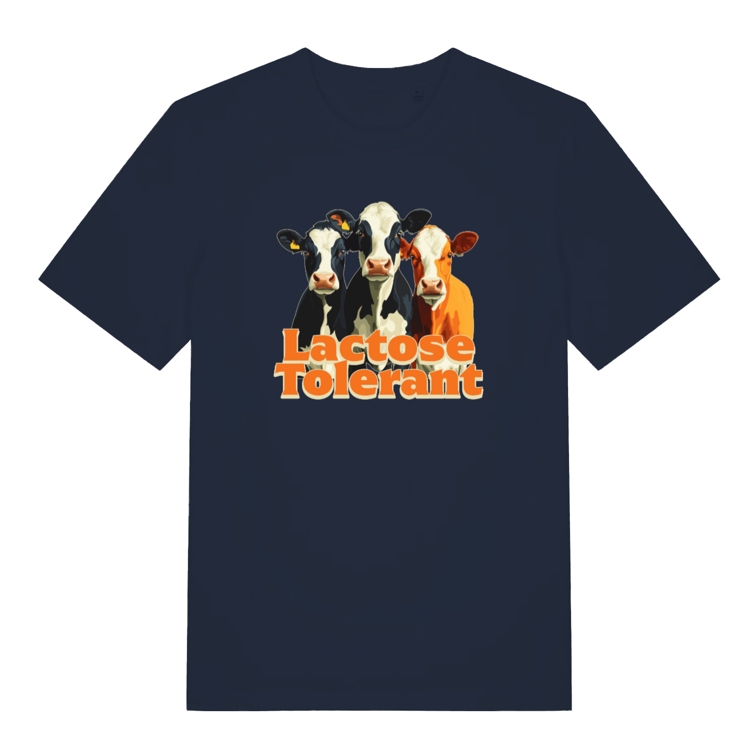 navy funny animal t-shirt with the graphic of three cows and the slogan 'lactose tolerant'