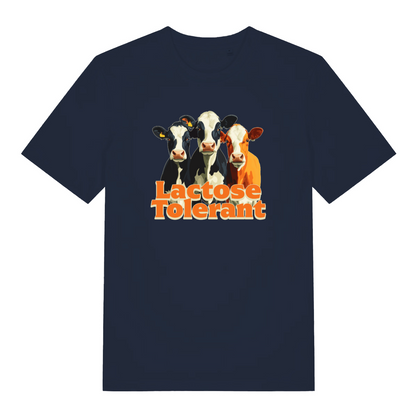 navy funny animal t-shirt with the graphic of three cows and the slogan 'lactose tolerant'
