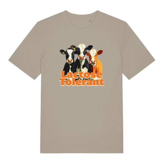 stone funny animal t-shirt with the graphic of three cows and the slogan 'lactose tolerant'