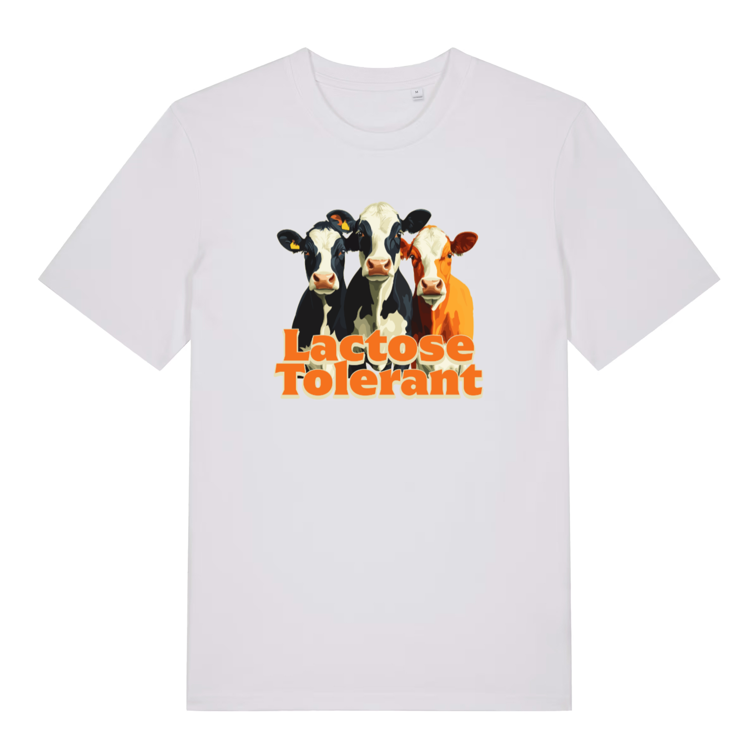 white funny animal t-shirt with the graphic of three cows and the slogan 'lactose tolerant'