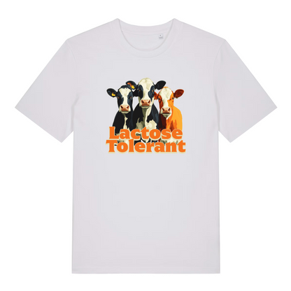white funny animal t-shirt with the graphic of three cows and the slogan 'lactose tolerant'