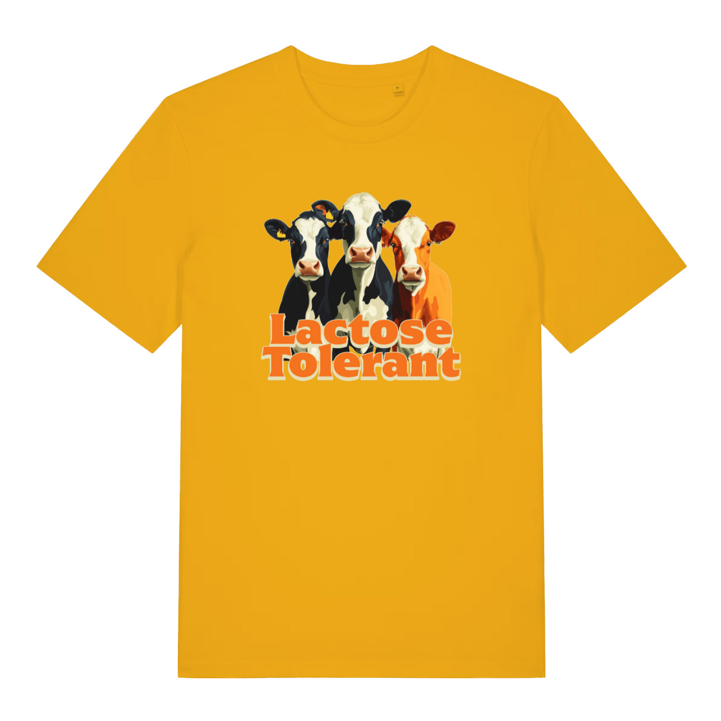 yellow funny animal t-shirt with the graphic of three cows and the slogan 'lactose tolerant'