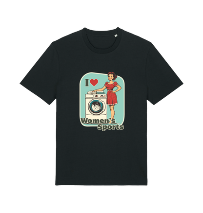 black funny offensive t-shirt with the graphic of a retro housewife stood next to a washing machine and the slogan 'i love women's sports'