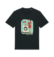 black funny offensive t-shirt with the graphic of a retro housewife stood next to a washing machine and the slogan 'i love women's sports'