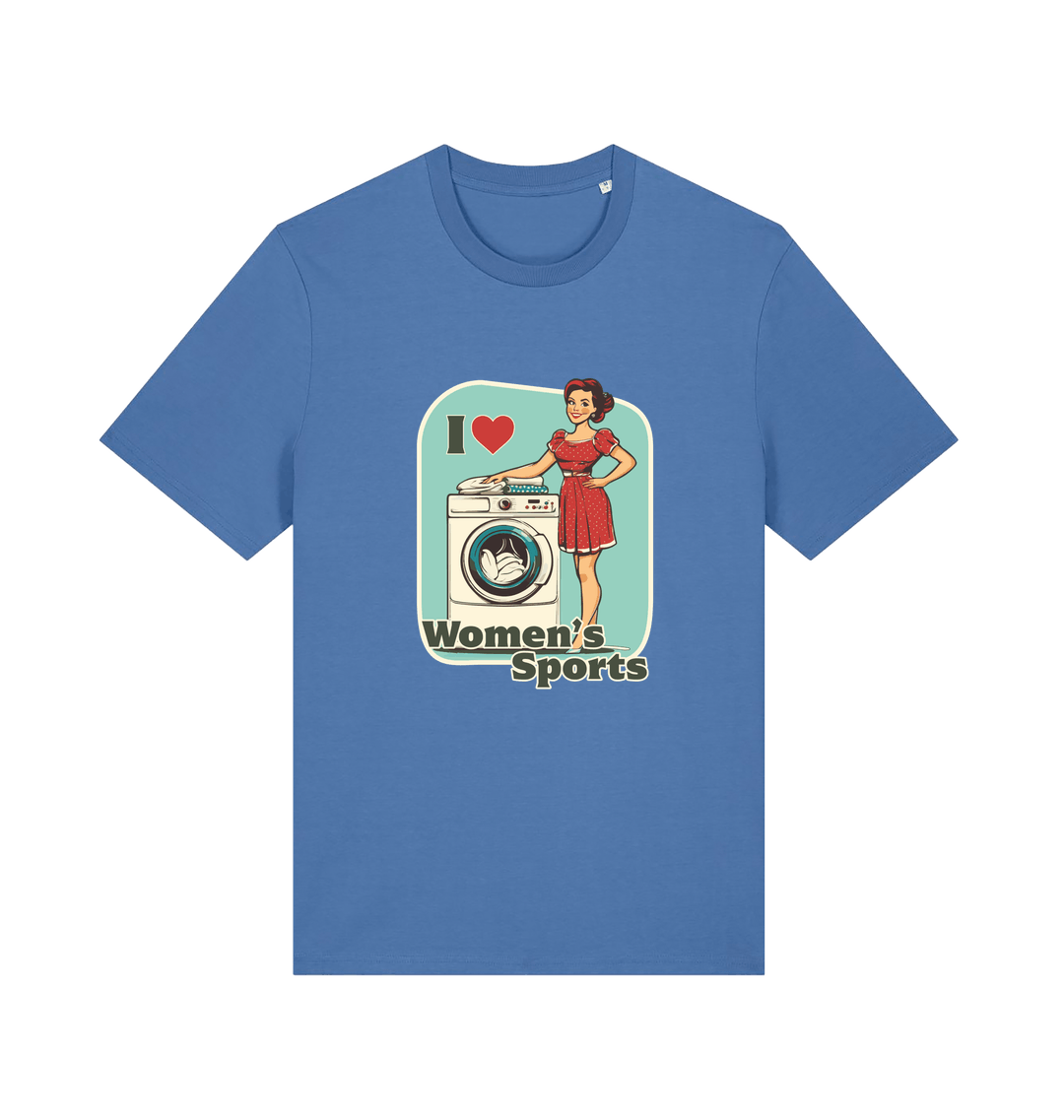 blue funny offensive t-shirt with the graphic of a retro housewife stood next to a washing machine and the slogan 'i love women's sports'