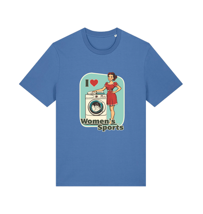 blue funny offensive t-shirt with the graphic of a retro housewife stood next to a washing machine and the slogan 'i love women's sports'