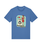 blue funny offensive t-shirt with the graphic of a retro housewife stood next to a washing machine and the slogan 'i love women's sports'