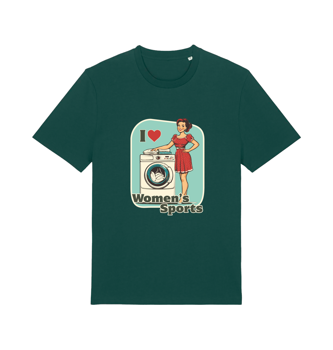 green funny offensive t-shirt with the graphic of a retro housewife stood next to a washing machine and the slogan 'i love women's sports'