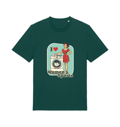 green funny offensive t-shirt with the graphic of a retro housewife stood next to a washing machine and the slogan 'i love women's sports'