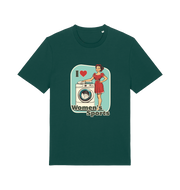 green funny offensive t-shirt with the graphic of a retro housewife stood next to a washing machine and the slogan 'i love women's sports'