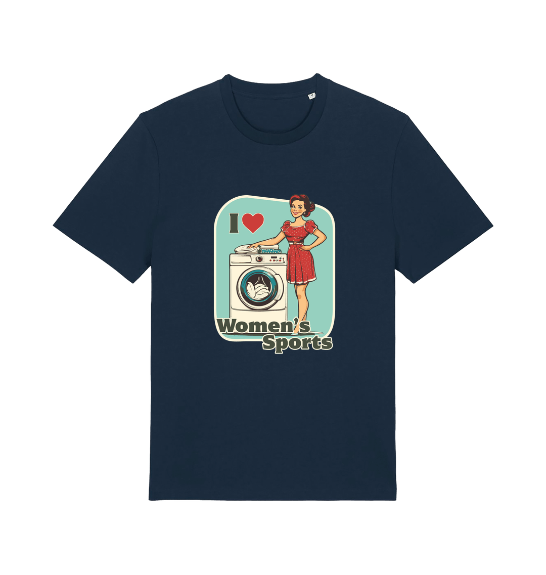 navy funny offensive t-shirt with the graphic of a retro housewife stood next to a washing machine and the slogan 'i love women's sports'