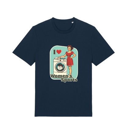 navy funny offensive t-shirt with the graphic of a retro housewife stood next to a washing machine and the slogan 'i love women's sports'