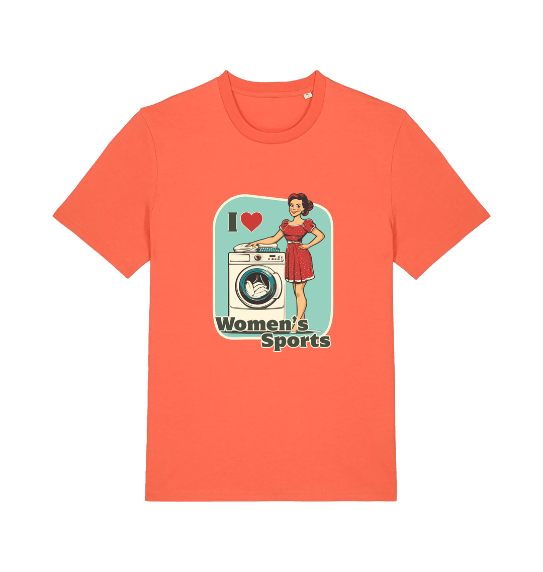 orange funny offensive t-shirt with the graphic of a retro housewife stood next to a washing machine and the slogan 'i love women's sports'