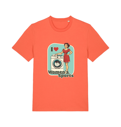 orange funny offensive t-shirt with the graphic of a retro housewife stood next to a washing machine and the slogan 'i love women's sports'