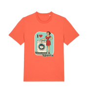 orange funny offensive t-shirt with the graphic of a retro housewife stood next to a washing machine and the slogan 'i love women's sports'