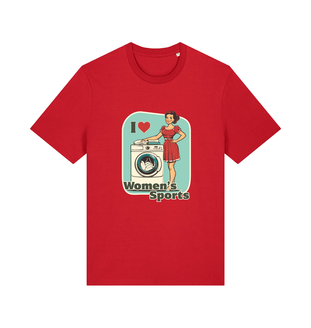 red funny offensive t-shirt with the graphic of a retro housewife stood next to a washing machine and the slogan 'i love women's sports'