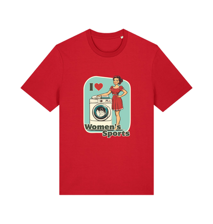 red funny offensive t-shirt with the graphic of a retro housewife stood next to a washing machine and the slogan 'i love women's sports'