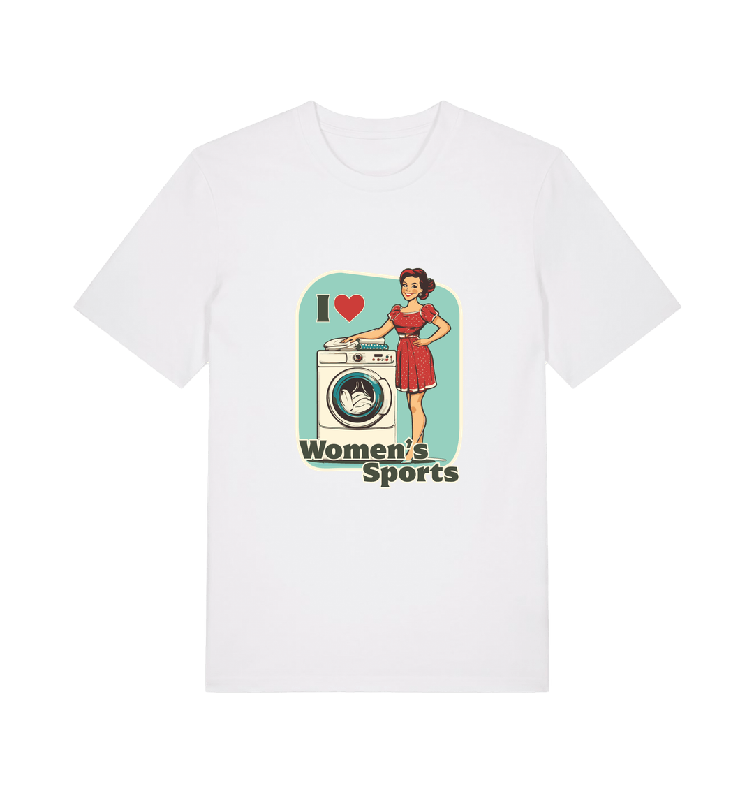 white funny offensive t-shirt with the graphic of a retro housewife stood next to a washing machine and the slogan 'i love women's sports'