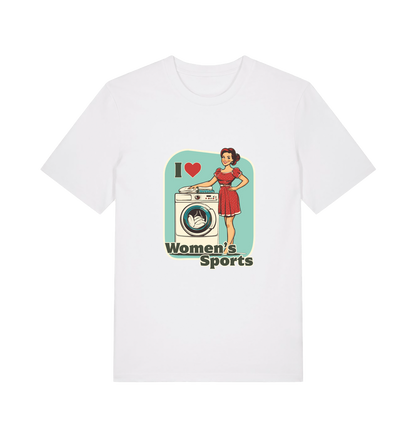 white funny offensive t-shirt with the graphic of a retro housewife stood next to a washing machine and the slogan 'i love women's sports'