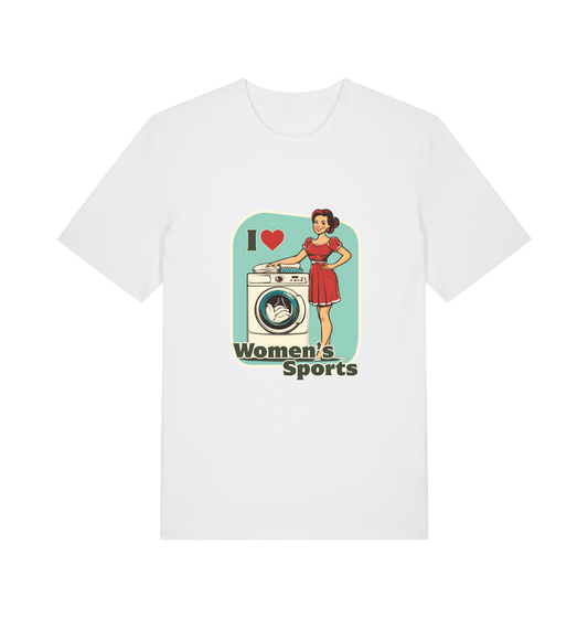 white funny offensive t-shirt with the graphic of a retro housewife stood next to a washing machine and the slogan 'i love women's sports'