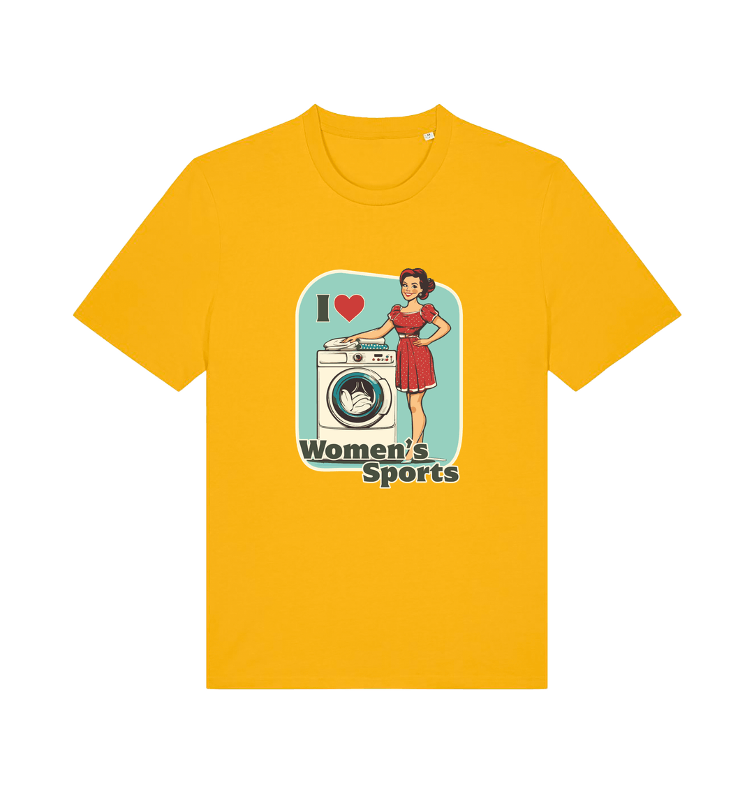 yellow funny offensive t-shirt with the graphic of a retro housewife stood next to a washing machine and the slogan 'i love women's sports'
