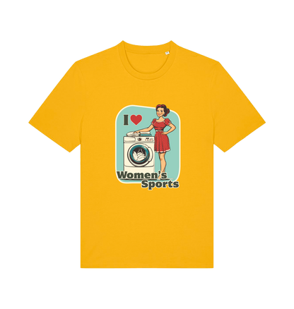 yellow funny offensive t-shirt with the graphic of a retro housewife stood next to a washing machine and the slogan 'i love women's sports'