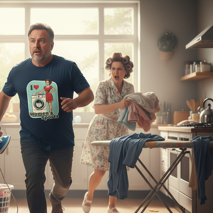 Man running in a kitchen with a woman ironing clothes in the background