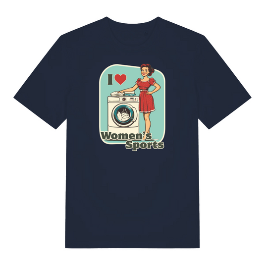 navy funny offensive t-shirt with the graphic of a retro housewife stood next to a washing machine and the slogan 'i love women's sports'