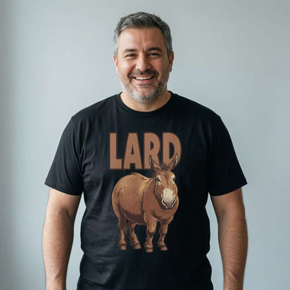 Grey-haired man smiling in black Lard Ass tee with donkey design, fun witty mens animal graphic