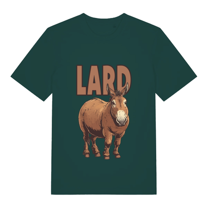 Green Lard Ass funny graphic t-shirt showing detailed chubby donkey with “LARD” slogan  
