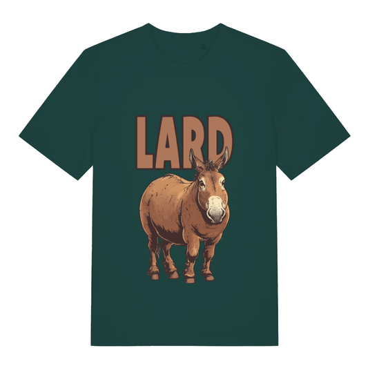 Green Lard Ass funny graphic t-shirt showing detailed chubby donkey with “LARD” slogan  