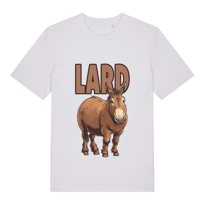 White Lard Ass funny graphic t-shirt displaying chubby donkey and “LARD” text pun  
