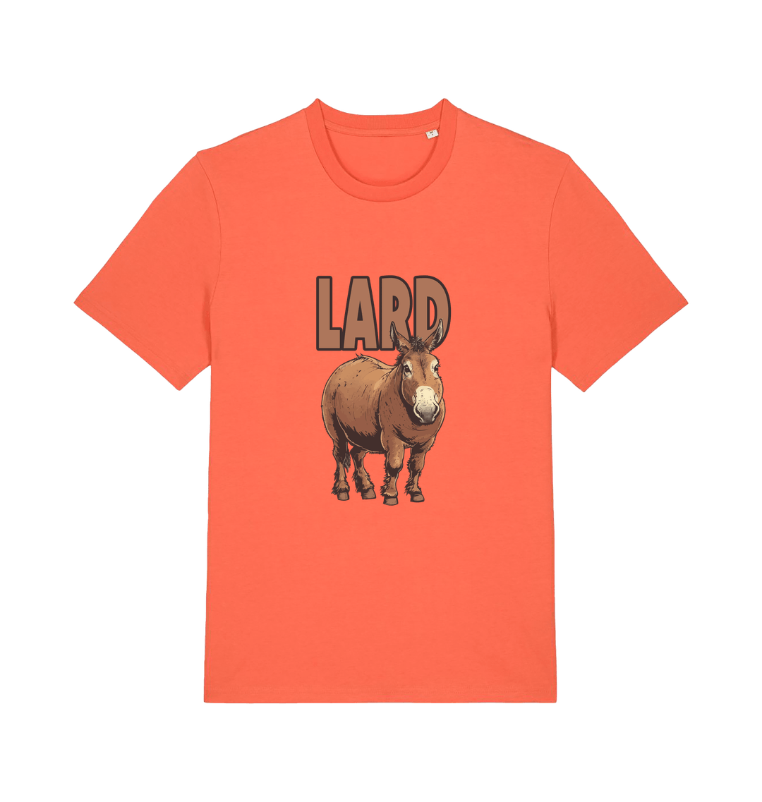 orange funny animal t-shirt with a donkey graphic and the slogan 'LARD' 