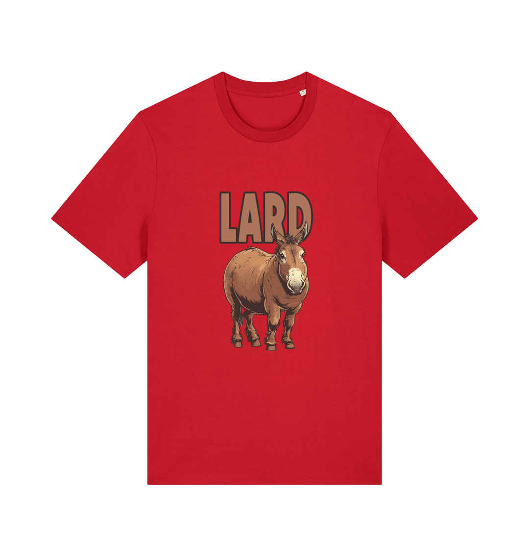 red funny animal t-shirt with a donkey graphic and the slogan 'LARD' 