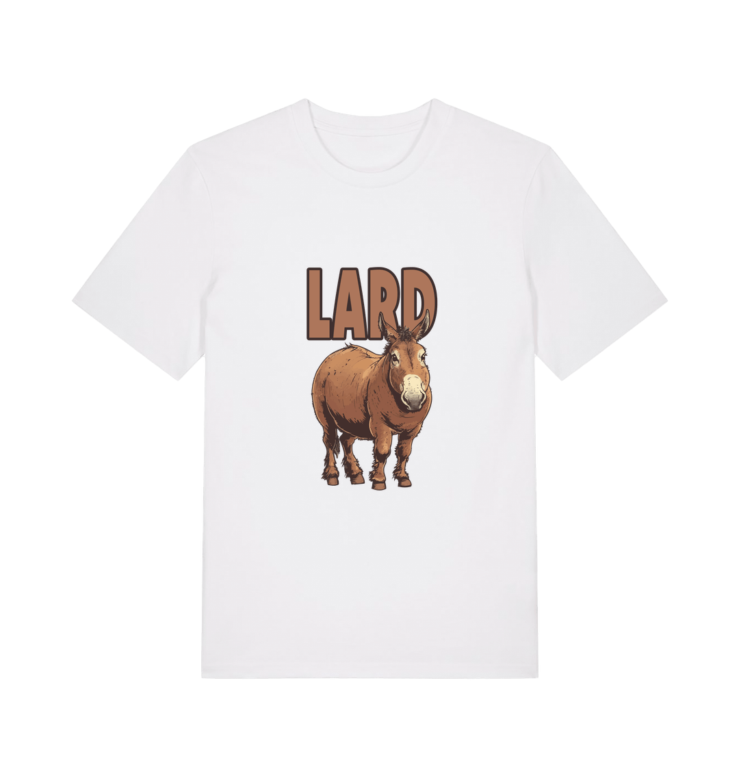 white funny animal t-shirt with a donkey graphic and the slogan 'LARD' 