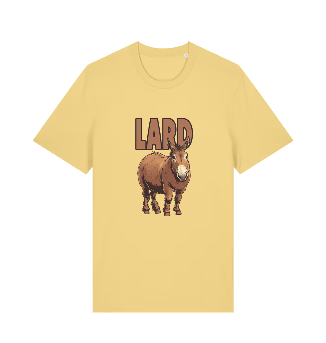 yellow funny animal t-shirt with a donkey graphic and the slogan 'LARD' 