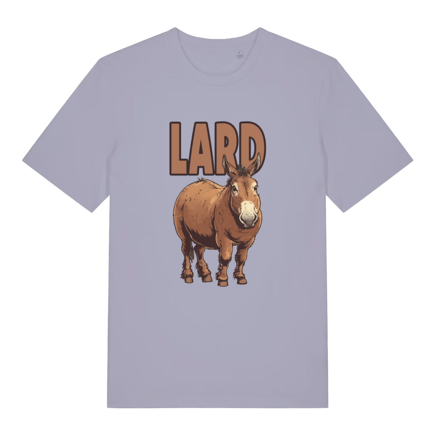 lavender women's funny animal t-shirt with a donkey graphic and 'LARD' text 