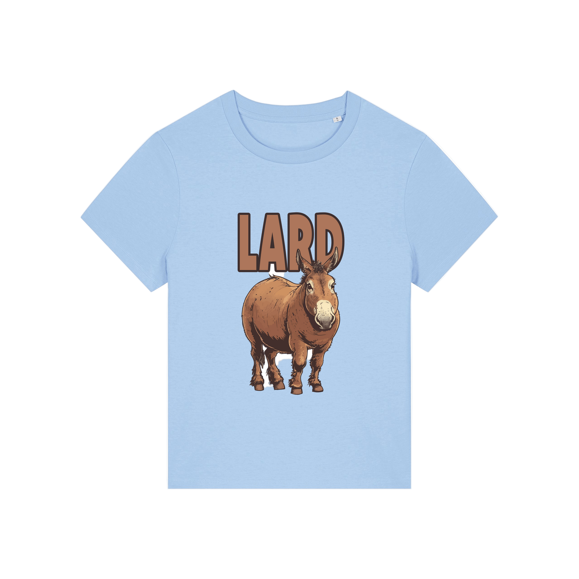 light blue funny offensive t-shirt with  cartoon donkey and the slogan 'lard ass'