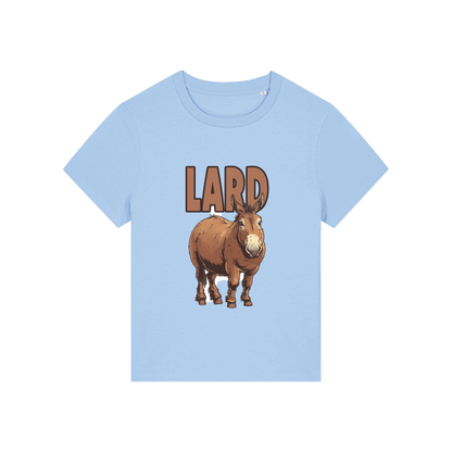 light blue funny offensive t-shirt with  cartoon donkey and the slogan 'lard ass'
