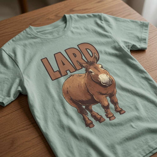 Light green Lard Ass t-shirt on wood featuring donkey design, fun cheeky ass donkey pun