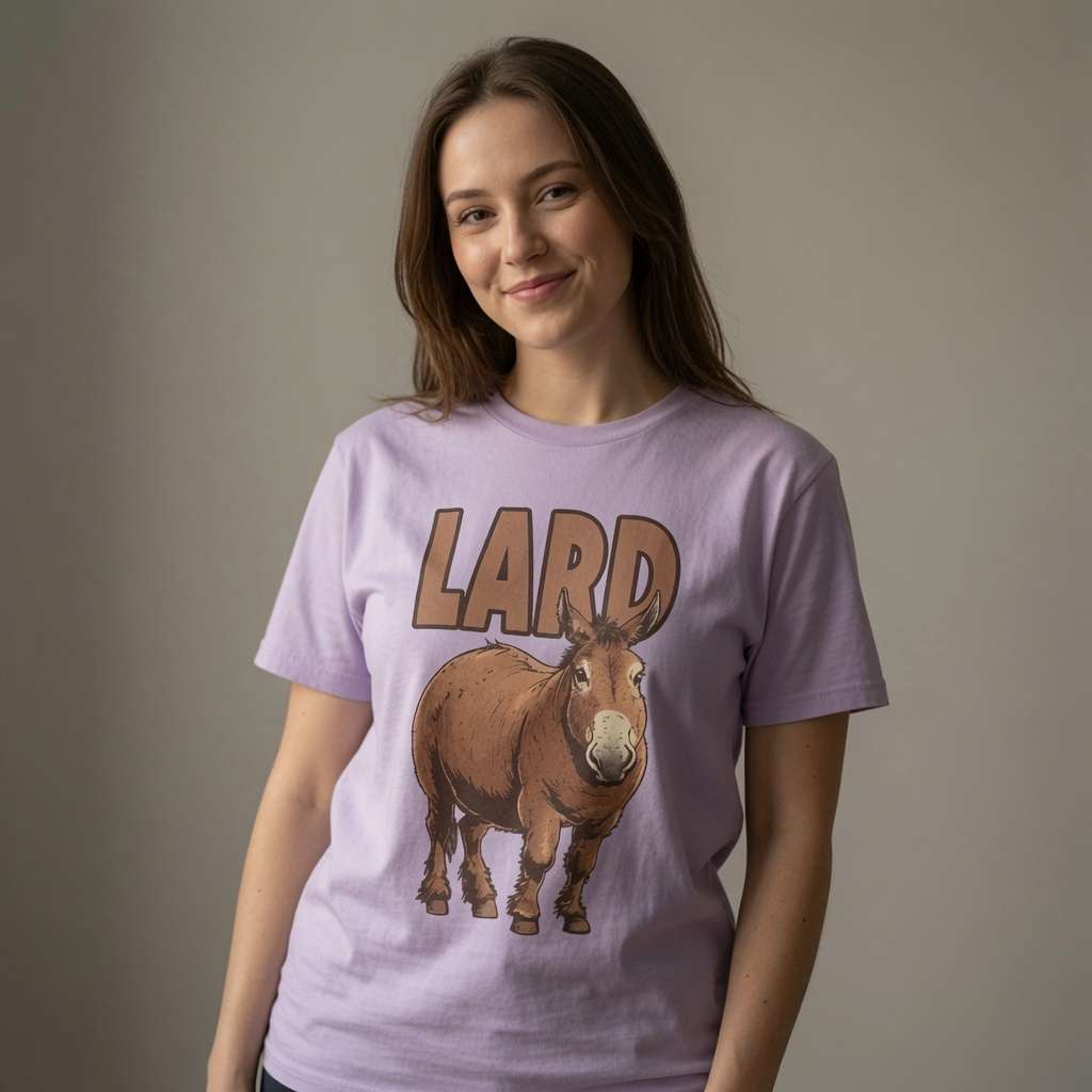 Woman looking to the side in light purple Lard Ass tee, fun ladies witty ass donkey graphic