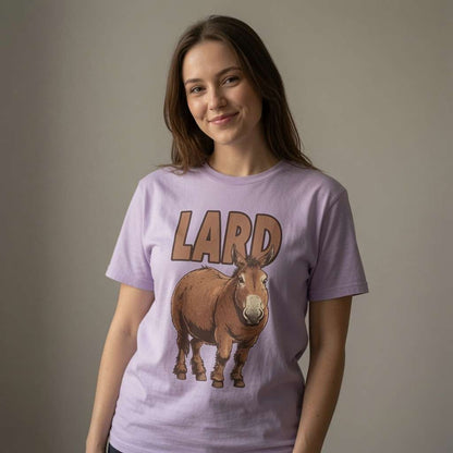 Woman looking to the side in light purple Lard Ass tee, fun ladies witty ass donkey graphic