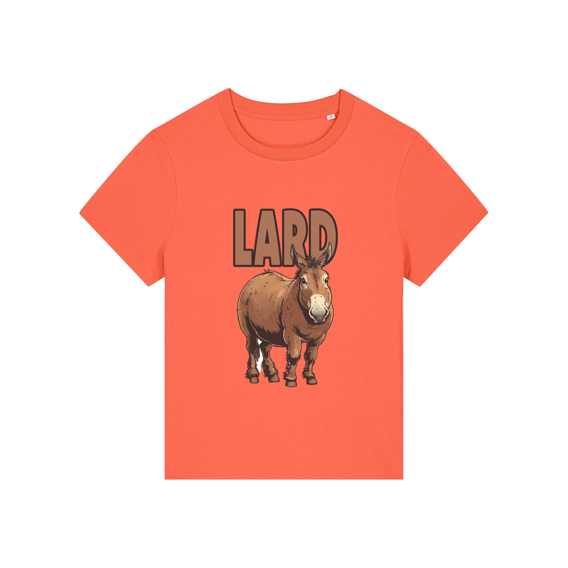 orange funny offensive t-shirt with  cartoon donkey and the slogan 'lard ass'