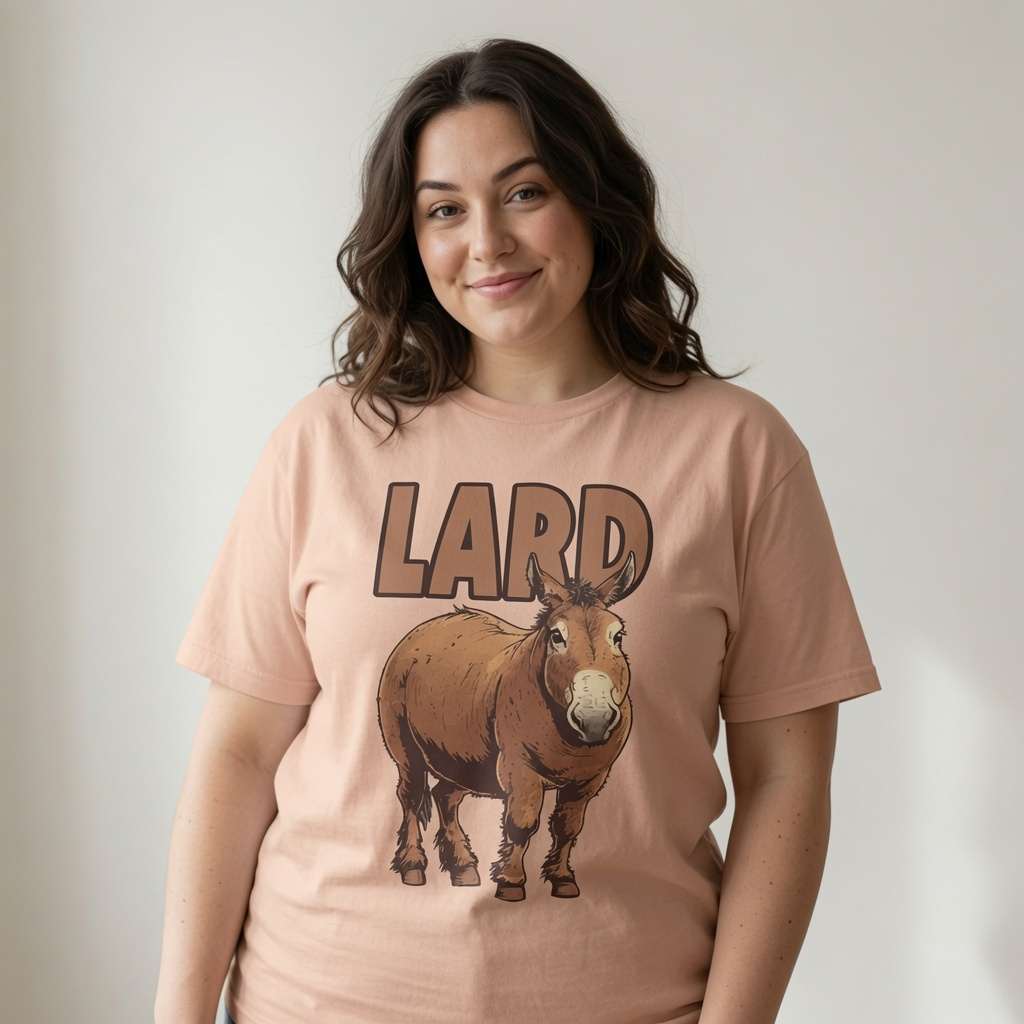 Woman with slight smile in peach Lard Ass t-shirt featuring chubby donkey graphic, fun ladies cheeky ass donkey graphic