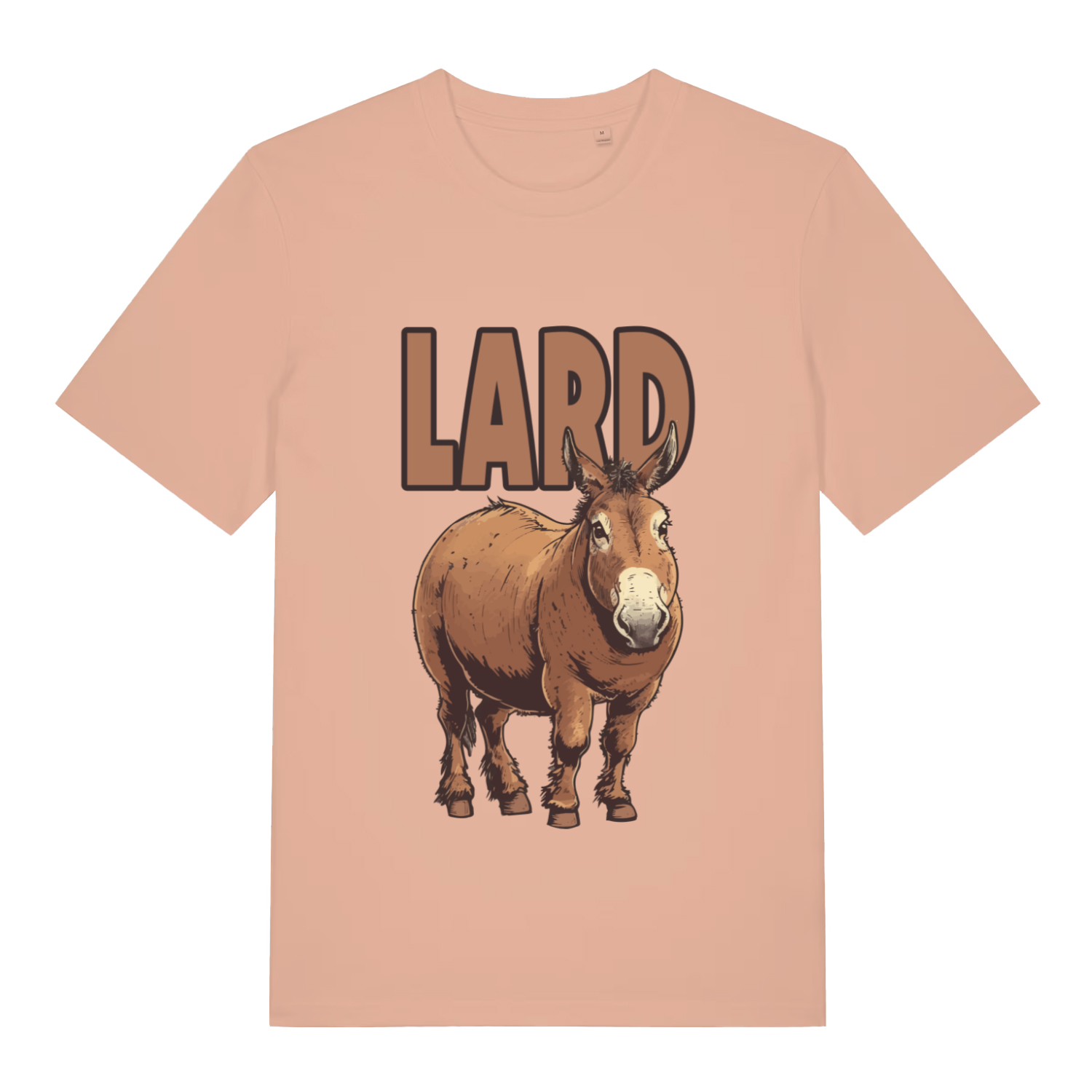 Peach women's Lard Ass funny graphic t-shirt showing detailed chubby donkey with “LARD” slogan  