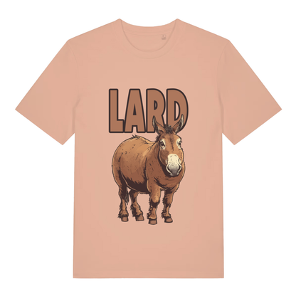 Peach women's Lard Ass funny graphic t-shirt showing detailed chubby donkey with “LARD” slogan  