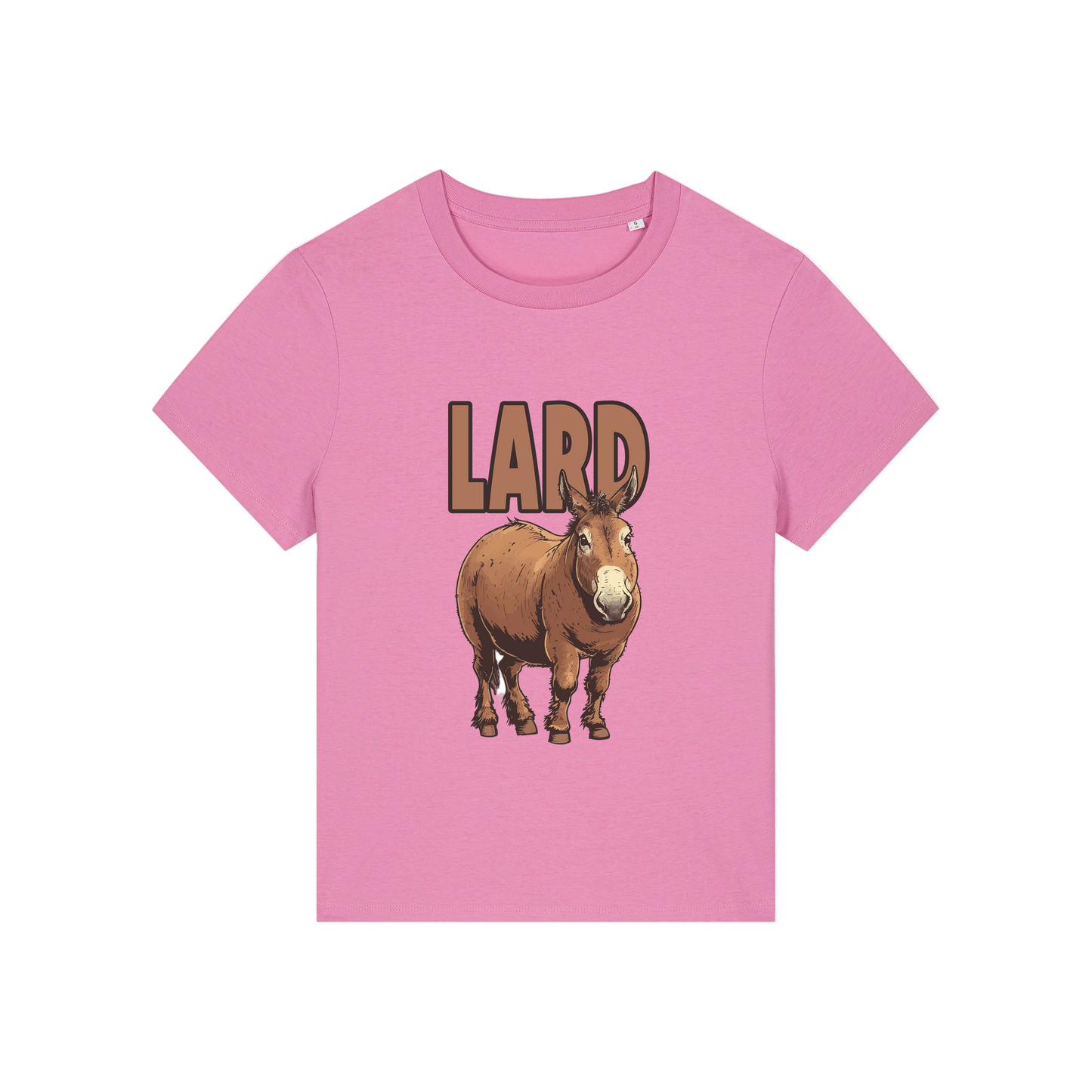 pink funny offensive t-shirt with  cartoon donkey and the slogan 'lard ass'