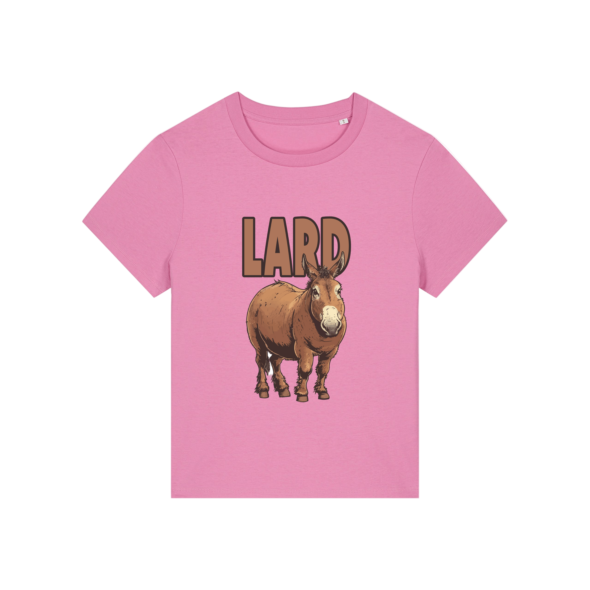 pink funny offensive t-shirt with  cartoon donkey and the slogan 'lard ass'
