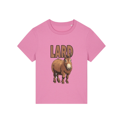 pink funny offensive t-shirt with  cartoon donkey and the slogan 'lard ass'